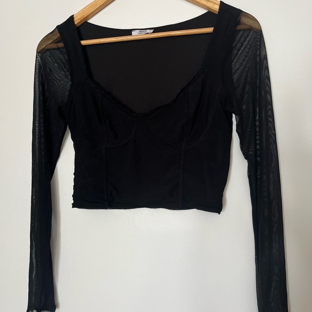 Ardene Black Crop Top with Sheer Sleeves